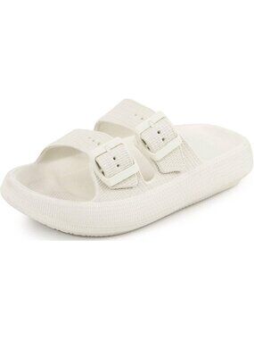 Women's Beige Adjustable Width Pillow Design Double Buckle Flat Slides Slippers